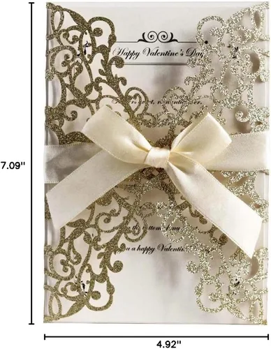 Miniatura 8 de AdasBridal 50 tarjetas de invitación de boda cortadas con láser con estampado floral, con sobre, hoja interior en blanco y cinta para boda, Dorado