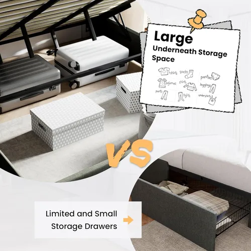 Miniatura 3 de SHA CERLIN Cama de Almacenamiento Elevable de Tamaño Completo/Cabecera Moderna Tipo Wingback/Marco de Cama Plataforma Tapizada/Almacenamiento Gris