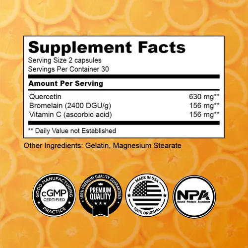 Miniatura 2 de Quercetina con bromelina y vitamina C - Suplemento de 630 mg - Cápsulas de quercetina y bromelina de alta potencia para apoyo inmunológico, salud