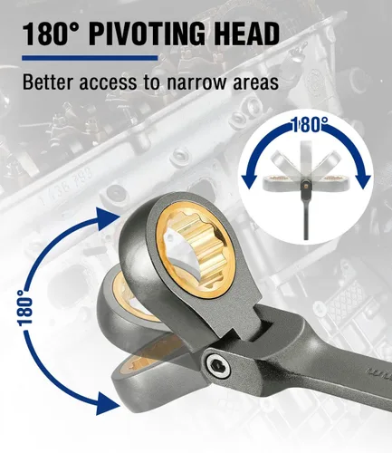Miniatura 7 de WORKPRO Llave de combinación con cabeza flexible de 8 mm, construida en Cr-V, niquelada, 72 dientes, diseño de 12 puntas, métrica