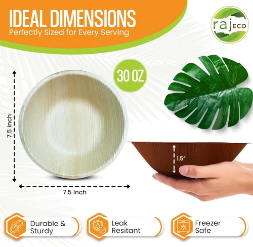 Raj Unique Collection 7.5" Cuencos redondos de hoja de palma, mejores que cuencos de bambú y papel, desechables, compostables, biodegradables,