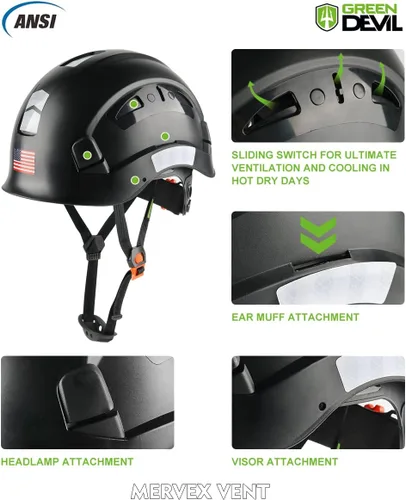 Miniatura 3 de GREEN DEVIL Casco de Seguridad Casco Duro Ajustable Ligero Ventilado ABS Casco de Trabajo Suspensión de 6 Puntos Aprobado ANSI Z89.1 Ideal para Negro