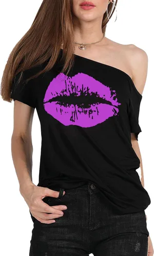 Miniatura 62 de MAGICMK - Camiseta casual para mujer, con estampado de labios y hombro descubierto, talla extragrande