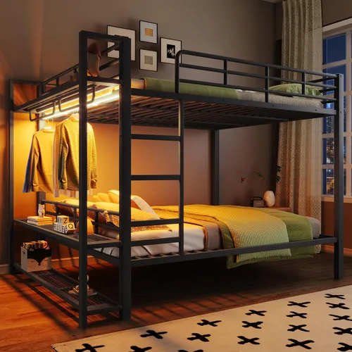 Miniatura 11 de Litera de metal resistente de tamaño individual sobre matrimonial, con escalera integrada y barandilla de seguridad para niños, adolescentes