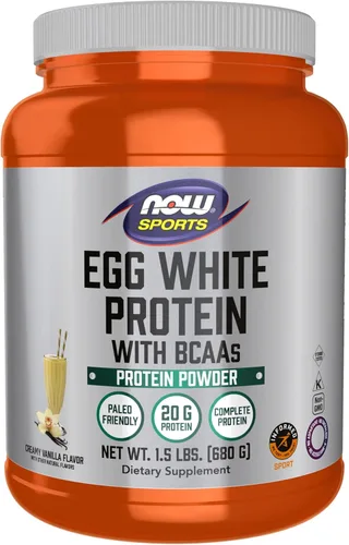 NOW Nutrición deportiva, proteína de clara de huevo, 0.71 oz con BCAAs, polvo cremoso de vainilla, 1.5 libras