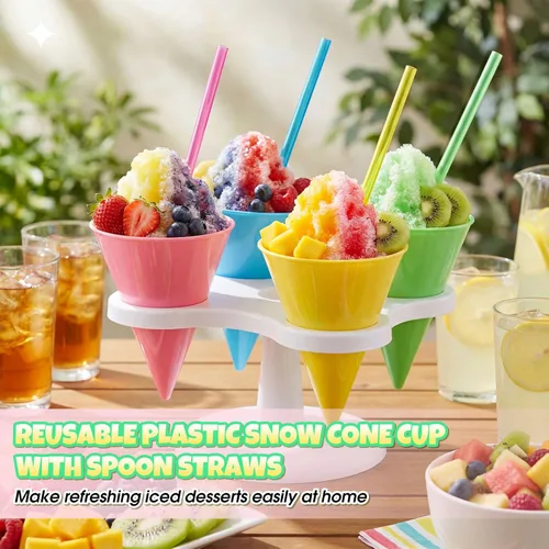 Miniatura 5 de FoldTier 20 tazas reutilizables de cono de nieve de 6 onzas con 20 cucharas de plástico multicolor de 9.3 pulgadas, suministros de hielo afeitado a