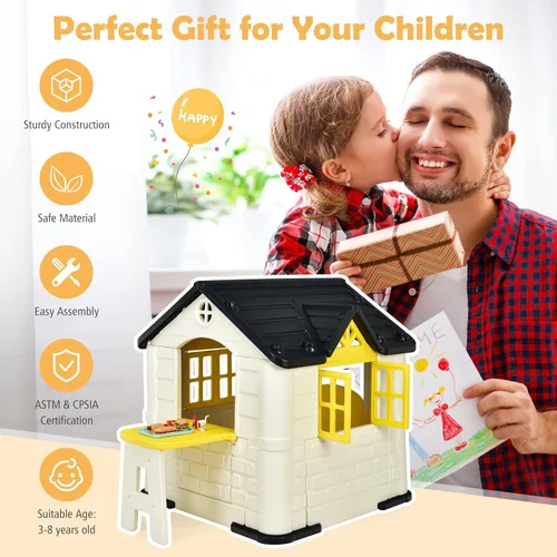 Miniatura 8 de Costzon Casa de juegos para niños, juegos de jardín al aire libre con puertas y ventanas de trabajo, casa de juguetes de simulación con mesa