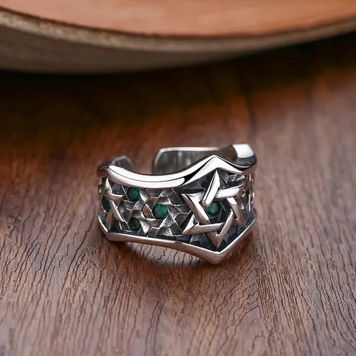 Miniatura 2 de Anillo vintage de plata de ley 925 con estrella de David judía con circonita cúbica para hombres y niños abierto ajustable, Metal, Zirconia cúbica