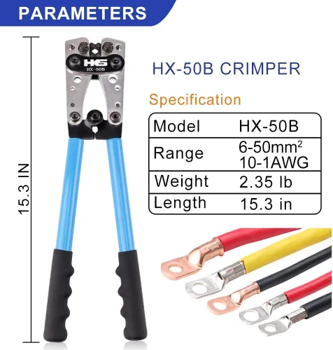 Miniatura 3 de HKS Herramienta de prensado de cable de batería para terminales de anillo de cobre AWG 10-1, crimpadora resistente para terminales de alambre