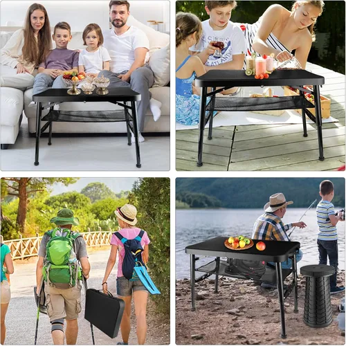 Miniatura 2 de Mesa y Silla Plegable, Pequeña, Negra, Mesa Portátil de 4 Pies para Exteriores, Altura Ajustable, para Acampar, Picnic, Mesa para RV, Capacidad