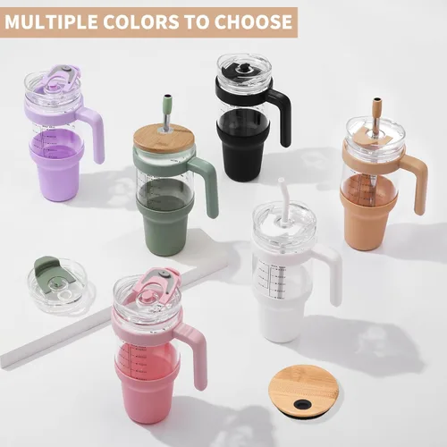 Miniatura 7 de Chunmo - Vaso de vidrio de 40 onzas con 2 tapas - Tapa de popote de bambú y tapa de popote 2-en-1 con apertura y cierre, taza para café helado