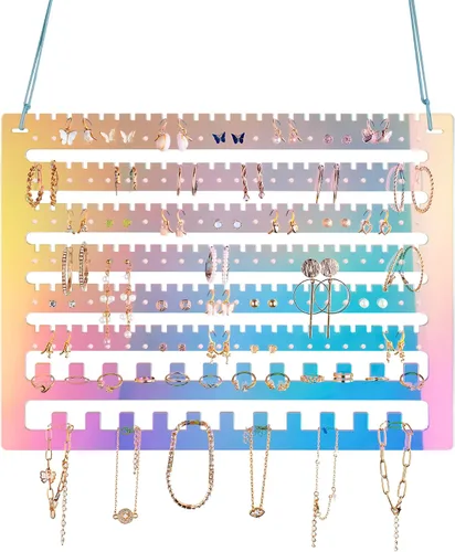 Miniatura 6 de NiHome Organizador de aretes colgantes de acrílico iridiscente, estante organizador de joyas de montaje en pared, soporte para aretes de pared