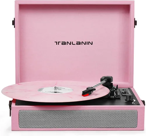 Reproductor de discos de vinilo Bluetooth vintage de 3 velocidades con altavoces integrados, tocadiscos portátil de LP de vinilo con grabación USB,