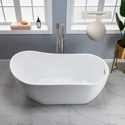 WOODBRIDGE Bañera de acrílico independiente de 59 pulgadas, bañera blanca de remojo contemporánea con desbordamiento y drenaje de níquel cepillado,