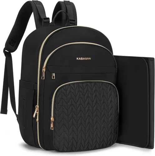 KABAQOO Mochila para pañales de bebé, mochila impermeable para pañales para mamá y papá con cambiador, bolsillos aislados y correas para cochecito,