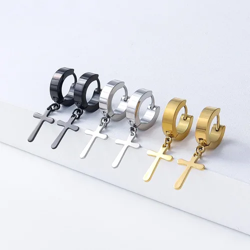 Miniatura 4 de Halawly Juego de aretes de aro de acero inoxidable para mujeres y niñas, 3 pares6 pares10 pares pequeños, enormes plateados, dorados, negros, cruz