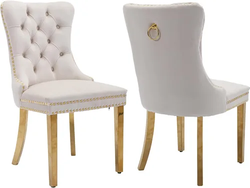 Miniatura 59 de Juego de 2 Sillas de Comedor Modernas de Mediados de Siglo, Tapizadas en Terciopelo Beige con Respaldo Acolchado, Sillas de Cocina y Comedor, Patas