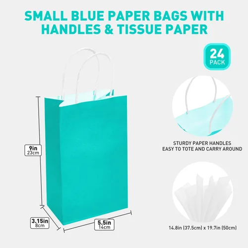 Miniatura 4 de DjinnGlory Paquete de 24 bolsas de papel verde azulado de tamaño pequeño de 9 x 5.5 x 3.15 pulgadas con 24 papel de seda blanco, bolsas azul