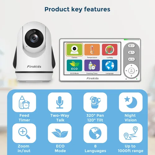 Miniatura 2 de Monitor de Bebé con Pantalla Dividida con 2 Cámaras Sin WiFi, Batería de 30H, Panorámica-Inclinación-Zoom, Monitor para bebés