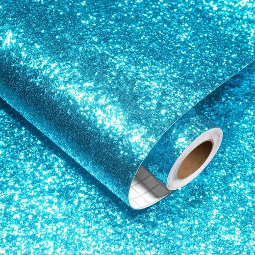 Decotalk Papel tapiz azul con purpurina para pegar y despegar con purpurina de 17.7 x 120 pulgadas, papel de pared azul brillante para paredes,
