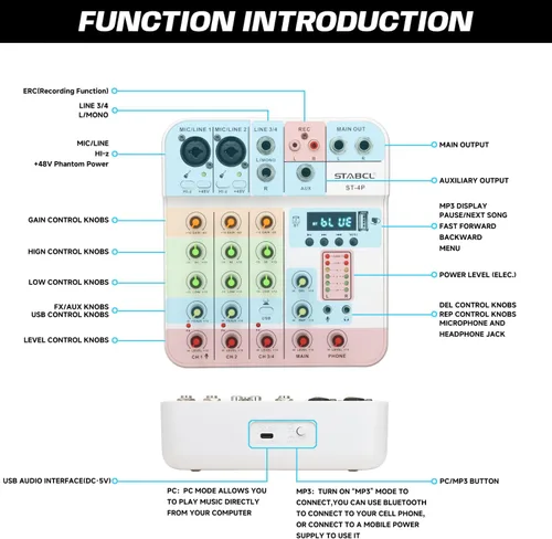 Miniatura 3 de Mezclador de audio de 4 canales pequeño, consola de mezcla de mesa de sonido con USB digital Bluetooth alimentación fantasma de 48V y eco, pequeña