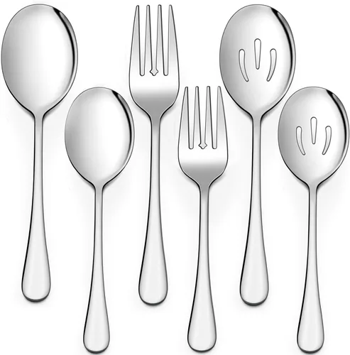 LIANYU Juego de 6 cucharas y tenedores para servir, de acero inoxidable, 8 3/4 pulgadas, para bufé, catering, fiesta, banquete, cuchara, tenedor,