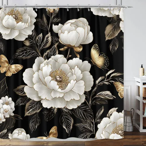 Miniatura 17 de Cortina de ducha de mariposa floral negra y dorada, cortina de ducha bohemia con diseño botánico de flores oscuras para baño con gancho, juego