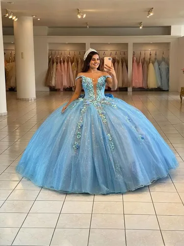 Miniatura 4 de Mauuwy Vestido de fiesta de tul de lujo para quinceañera, vestido de baile abombado, brillante, dulce, 16 vestidos florales con hombros