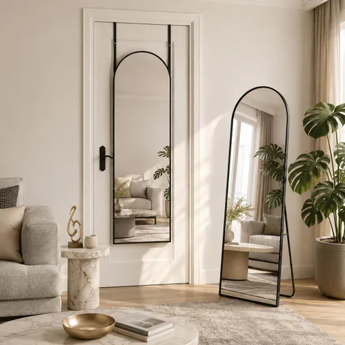 Espejo de cuerpo entero con soporte, espejo arqueado de 58 x 18 pulgadas, espejo grande con marco de aluminio para colocar de pie, colgar o apoyar,