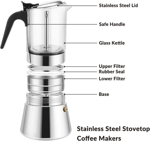 Miniatura 3 de Geesta Premium Cafetera de Espresso para Estufa con Tapa de Cristal - 4/6/9 Tazas - Cafetera de Acero Inoxidable - 240ml/8.5oz/6 tazas