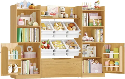 Miniatura 7 de FINETONES Organizador de almacenamiento de juguetes con contenedores extraíbles, estantería 5 en 1 para niños con pecho móvil y estantes para libros