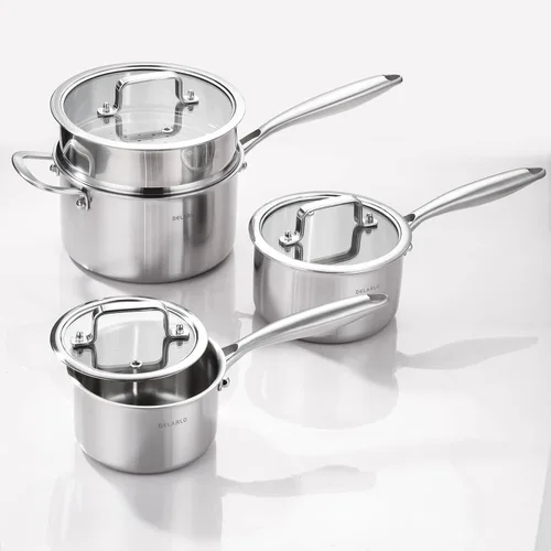 Miniatura 15 de DELARLO Cacerola de Acero Inoxidable Tri-Capa para Todo el Cuerpo de 3 Cuartos con Tapa, Apta para Horno 600℉, Sartén Saucier Resistente de 3