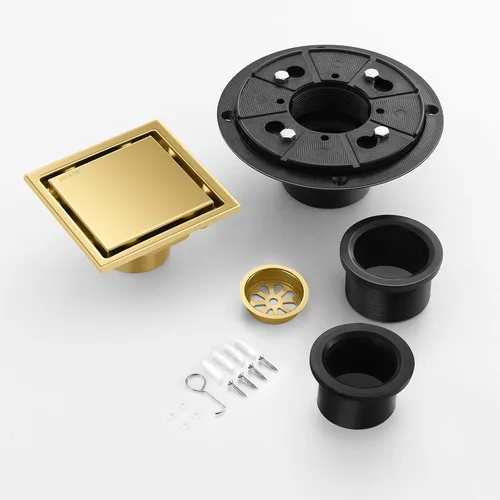 Miniatura 4 de Desagüe de suelo de ducha cuadrado cepillado oculto, dorado de 4 pulgadas, acero inoxidable 304, con brida, cubierta desmontable incrustada en Oro