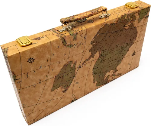 Miniatura 7 de United Nations of New York, Deluxe Rummy Set con números grabados de gran tamaño y estantes de madera en una caja de mapa de estilo vintage