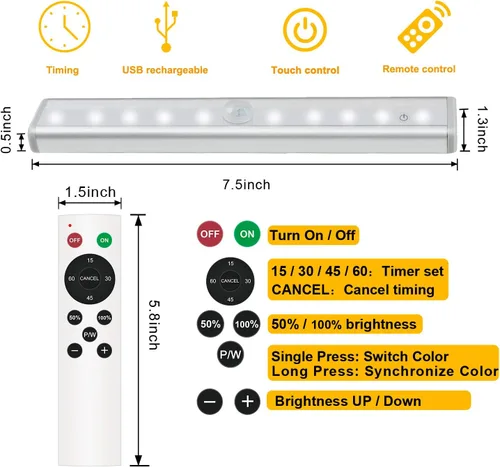 Miniatura 5 de Diomart Luz LED para armario, 20 LED, recargable, control remoto, iluminación debajo del gabinete, barra de luz nocturna inalámbrica para cualquier