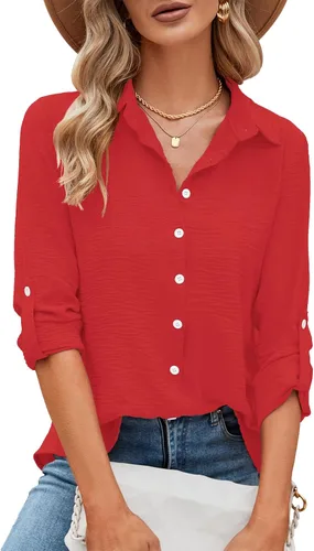 Miniatura 16 de Odosalii - Camisas con botones para mujer, con cuello en V, manga larga, enrolladas, blusas elegantes y formales para negocios y ocasiones casuales
