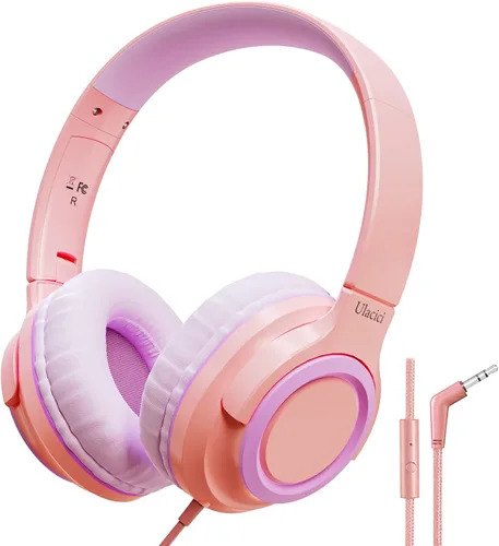U20 - Auriculares para niños, color rosa, auriculares con cable para niños con control de volumen seguro de 94 dB, diseño plegable, cómodos para