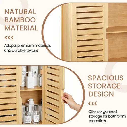 Miniatura 4 de Armario de almacenamiento de bambú montado en la pared con puerta, organizador de pared de baño con estantes, gabinete de almacenamiento colgante