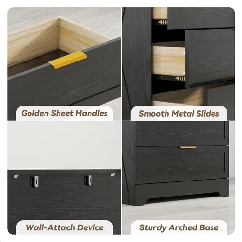 Miniatura 7 de FTZxHKLX Cómoda moderna de 4 cajones para dormitorio, cómoda alta con cajón grande y asas de oro rosa, organizador de almacenamiento de madera, Negro