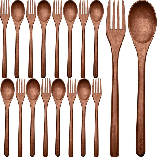 Miniatura 7 de Patelai Juego de cucharas de madera, tenedores, utensilios de madera para comer de madera, vajilla reutilizable hecha a mano, cubiertos naturales