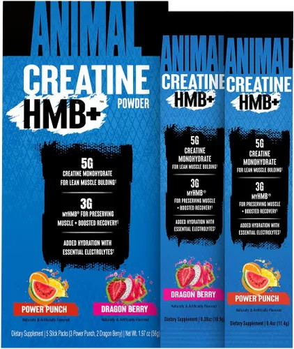 Animal Creatina HMB en polvo – 0.11 oz myHMB + 0.18 oz de creatina con electrolitos para recuperación y energía diaria – Power Punch (3) y Dragon