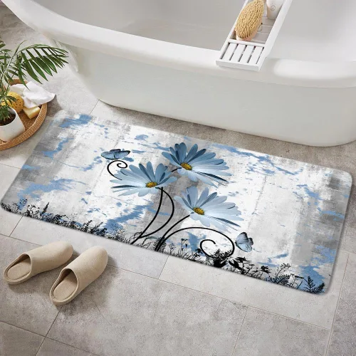 Miniatura 18 de Alfombra de baño rústica de granja, diseño de margaritas y mariposas en madera de campo, tapete de baño de madera color gris, blanco, azul marino
