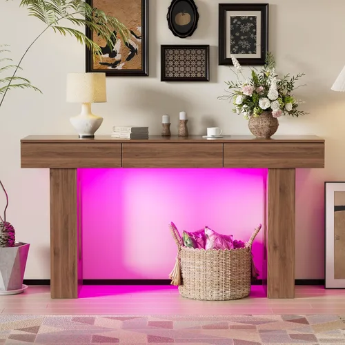 Miniatura 9 de PAKASEPT - Mesa de consola de 63 pulgadas con luces LED coloridas y 3 cajones, mesa de sofá rectangular de madera detrás del sofá, mesa de entrada