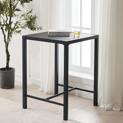 Mesa de bar para exteriores, mesa cuadrada de 36.5 pulgadas de altura con marco de metal resistente y parte superior de listones resistente a la