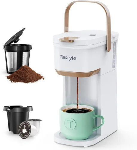 Miniatura 10 de Tastyle Cafetera de Una Sola Porción de Una Taza, para Cápsulas K y Café Molido, Mini Cafetera con Mango Portátil, Tamaño de Preparación de 6 a 12