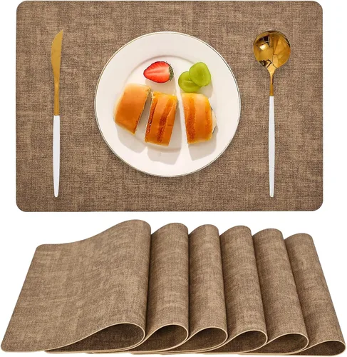 Miniatura 8 de Juego de 6 manteles individuales de piel sintética (beige) Heat Resistant Wipeable Washable Place Mats, Waterproof Anti-Slip Dining Table Mats