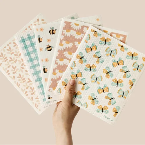 Miniatura 34 de RECYCO Paños suecos para cocina Paquete de 5 trapos geométricos lavables Toallas de papel de limpieza reutilizables de celulosa Paño