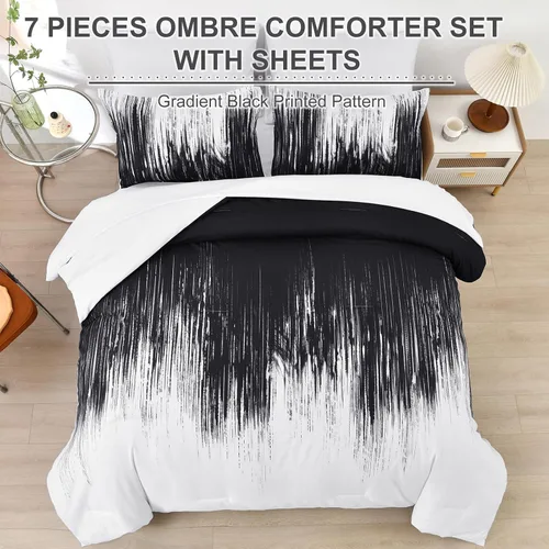 Miniatura 3 de Dinjoy Juego de edredón de color negro degradado, tamaño matrimonial, color negro y blanco, juego de ropa de cama bohemio para adolescentes, hombres