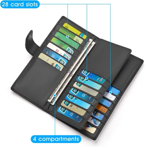 Miniatura 4 de Cartera de piel auténtica para mujer con bloqueo RFID, Negro -, Plegar y Negocios