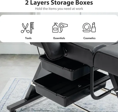 Miniatura 6 de Silla de tatuaje de salón de masaje con dos bandejas, cama esteticista con taburete hidráulico, mesa de cama facial multiusos de 3 secciones,